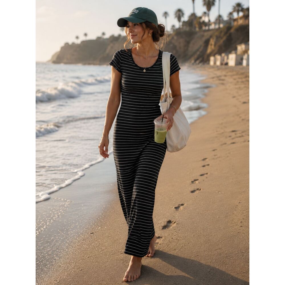 Black Striped Calvin Klein Maxi Dress Beachy Summer Coastal Grandma 8